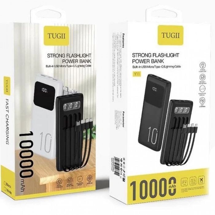 TUGII Y11 Power Bank 10000mAh със силен LED фенер и вградени кабели